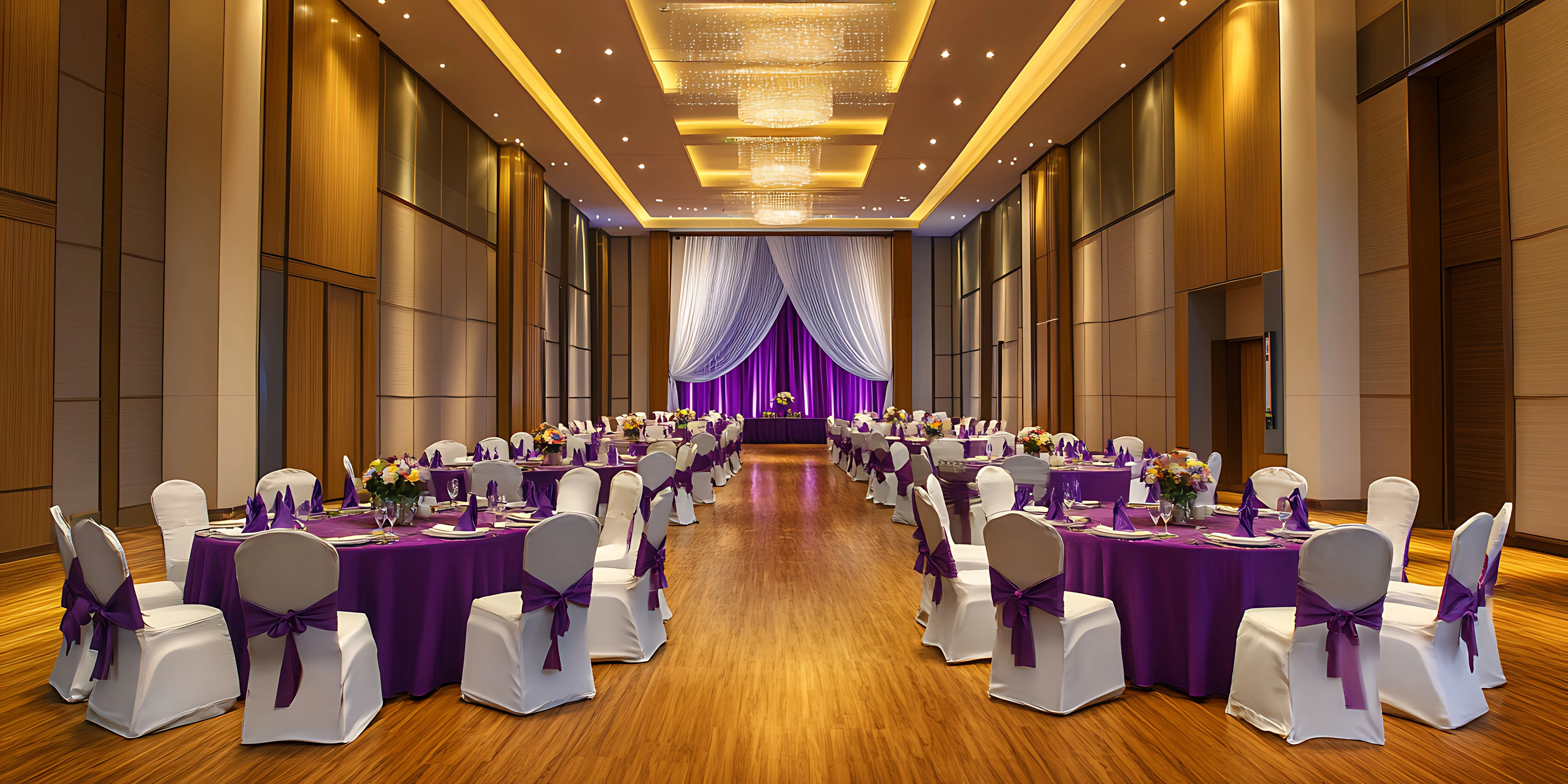arafed-room-with-tables-chairs-covered-purple-white-cloth